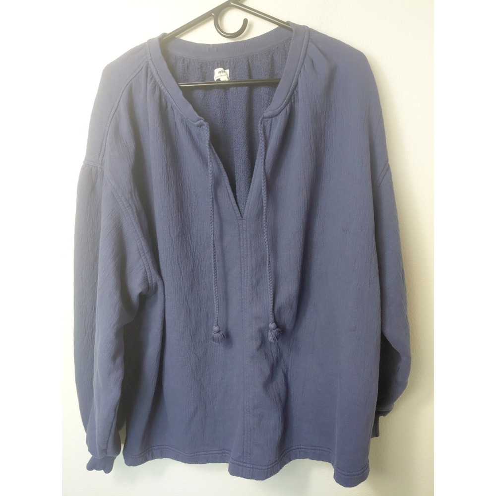 Aerie L Easy Street Textured Gauze Cotton Tie Neck Blue Oversized‎ Slouchy Boho